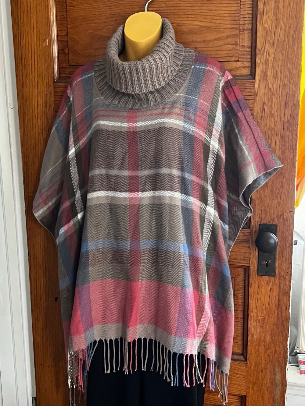 Multiples Plaid Turtleneck Poncho in Taupe, Rose and Blue
